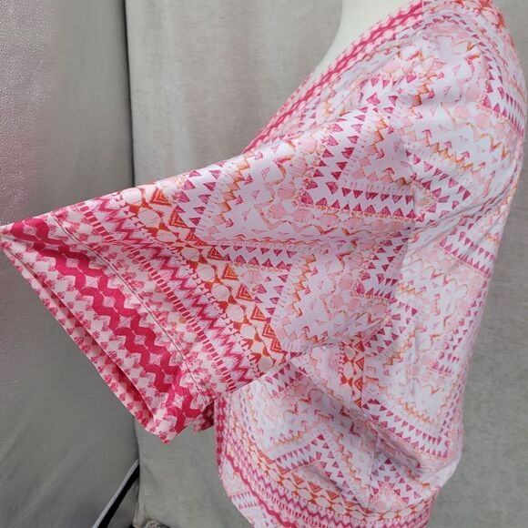 Slim Factor by Investments Plus Mosaic Tile Open Front Short Sleeve Kimono Pink - Picture 5 of 13